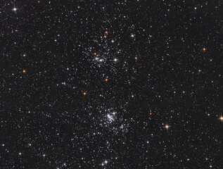 Closeup of the double cluster of Perseus constellation, with many stars as background in the deep...
