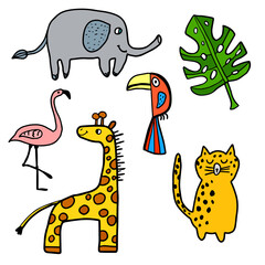 Cute hand drawn doodle African animals set isolated on white background. Giraffe, Toucan, Elephant, Leopard, Flamingo and leaf of Monstera. Vector illustration.
