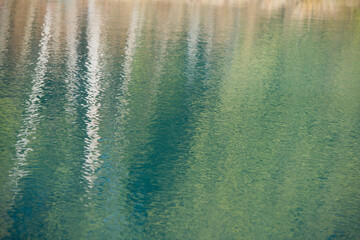 waters reflection showing birch trees and autumn forest artistic background  in pastoral colours with ripples 