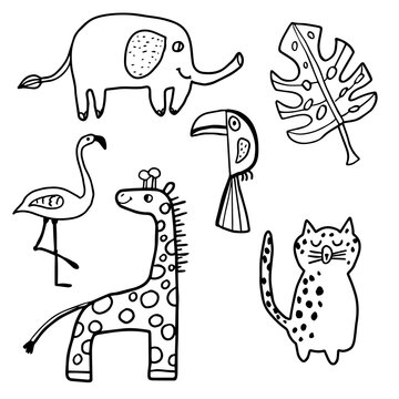 Cute hand drawn doodle African animals set isolated on white background. Giraffe, Toucan, Elephant, Leopard, Flamingo and leaf of Monstera. Vector illustration.