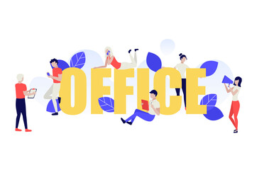 People with big leters OFFICE. Office people work together, Teamwork, Meeting, Negotiation, Cooperation, Partnership. Color vector illustration