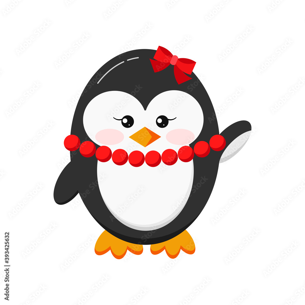 Sticker Sweet funny cute baby girl penguin with red beads and bow icon in standing hi pose isolated on white background. Flat design cartoon style waving antarctic bird toy, animal vector illustration.