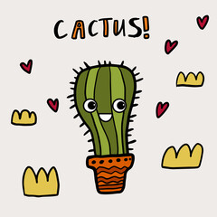 Cute happy CACTUS in the pot card with lettering and hearts. Vector illustration.