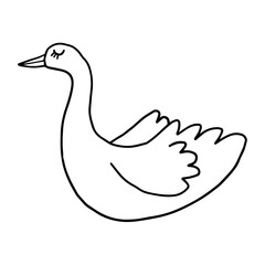 Cute cartoon doodle happy swan in childlike style isolated on white background. Vector illustration.