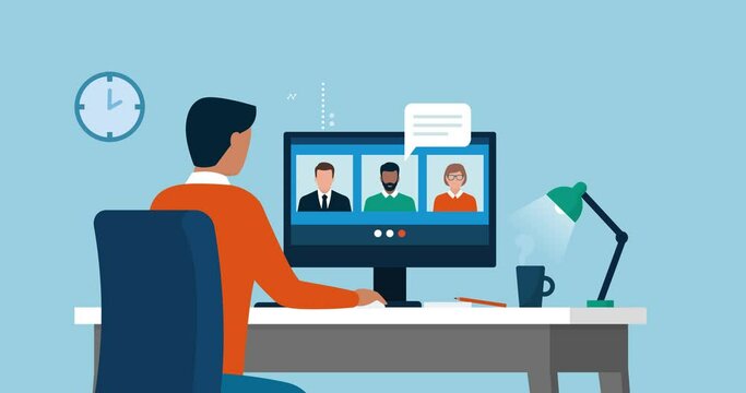 Businessman videocalling his team online and teleworking