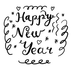 Cute HAPPY NEW YEAR hand drawn lettering. Greeting card for holiday. Doodle words, hearts, snowflakes, ribbons. Vector illustration.