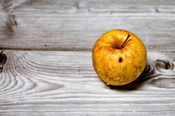 Wet Yellow autumn organic apple autumn fruit with red stainds isolated on a grey wooden textured background