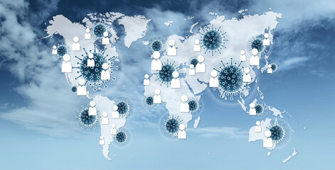 Contact Tracing COVID-19 Corona Virus Tracking App and spread concept,world geographic map with people symbols and molecule icons on blue sky background