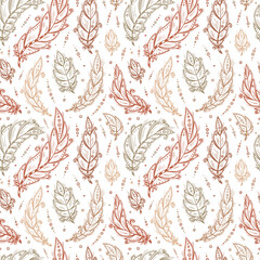 Ethnic feathers Seamless Pattern. Hand Drawn Tribal Feathers. Decorative feathers Vintage Vector background.