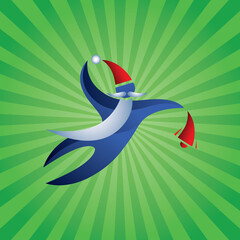 Stylish Santa Claus with a bell. Christmas Holidays Sign. Green-striped background. Vector illustration.