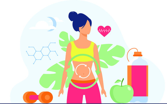Metabolic process of woman on diet. Metabolism of human organism flat vector illustration. Cartoon young woman eating diet food for energy. Digestion, metabolic system and hormones concept