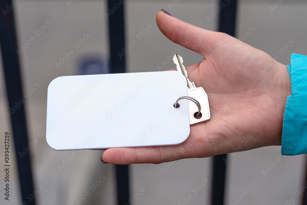 Fototapete hand with token. blank in hand. key with form. plastic card display front. check offset card design