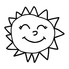 Cartoon linear doodle retro happy sun isolated on white background. Vector illustration.