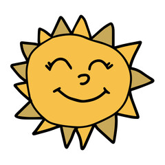 Cartoon linear doodle retro happy sun isolated on white background. Vector illustration.