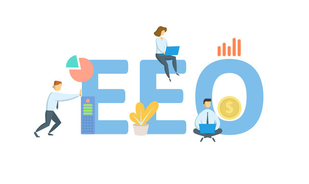 EEO, Equal Employment Opportunity. Concept with keywords, people and icons. Flat vector illustration. Isolated on white background.