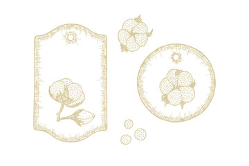 Vintage Labels with cotton plants. Hand drawn grunge labels - vector illustration