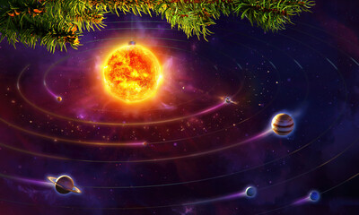 Christmas ball as Sun, Solar system with planets on a fir tree branch, holiday background. Merry christmas, happy new year 2021 3D concept space illustration, xmas greeting card design with sun ball © Corona Borealis