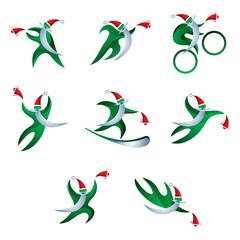 Stylish sports Santa Claus in a hurry to distribute gifts. Christmas Holidays Sign. White background. Isolated. Kinds of sports. Kit. Vector illustration.