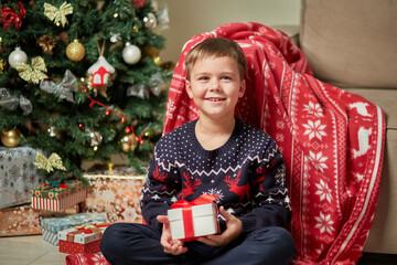 Cute boy holding a gift in his hand, on the background of a Christmas tree. Next to the sofa is decorated with a red blanket. New year and Christmas celebrations.