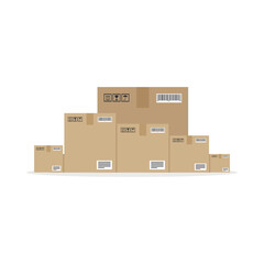 Pile of stacked sealed goods cardboard boxes. Vector illustration.