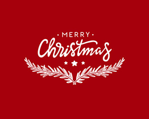 Christmas lettering with fir tree branches. Merry Christmas handwritten calligraphy. Vector illustration.