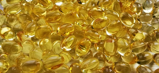 Vitamin D3 capsules. Natural OMEGA-3. A close-up photograph