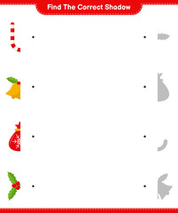 Find the correct shadow. Find and match the correct shadow of Christmas Decoration. Educational children game, printable worksheet, vector illustration