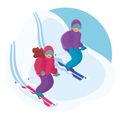 BOY AND GIRL IN SPORTS WINTER CLOTHES GO DOWN FROM THE MOUNTAIN ON THE MOUNTAIN SKI