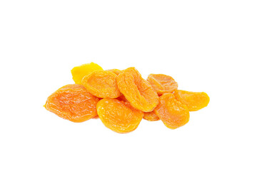 Orange dried apricots heap isolated on white background.