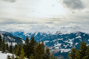 Winter landscape with panorama views of the Alps in the winter sports region Bad Gastein, Austrian Alps