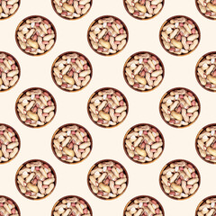 Top view flat lay peanut nuts in a round wooden bowl repeat seamless pattern on light background.