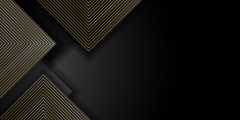 Vector luxury tech background. Stack of black paper material layer with gold stripe. Arrow shape premium wallpaper. Suit for business, corporate, institution, party, festive, seminar, and talks