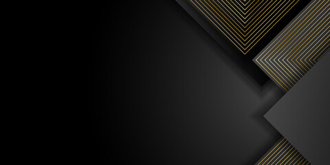 Vector luxury tech background. Stack of black paper material layer with gold stripe. Arrow shape premium wallpaper. Suit for business, corporate, institution, party, festive, seminar, and talks