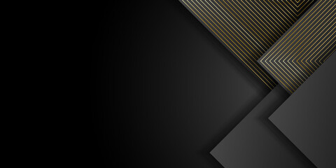 Vector luxury tech background. Stack of black paper material layer with gold stripe. Arrow shape premium wallpaper. Suit for business, corporate, institution, party, festive, seminar, and talks