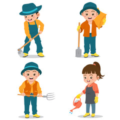 Set of Happy Kids Wearing Farmer Uniforms