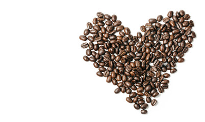 Coffee beans. Isolated on a white background.  Heart shaped from premium coffee beans, isolated on white, close up