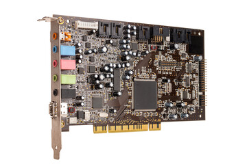 professional computer device external sound card for playback and recording, mixer, audio inputs and audio outputs