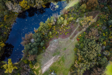 Aerial look down photograph of a pond surrounded by green and yellow trees with an open grass area with a worn trail through a portion of the wooded area in Wisconsin.