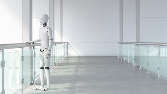 Robot standing in empty room, waiting