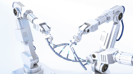 3D Rendering, robot arms repairing DNA string