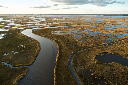 USA, Maryland, Drone view of marshes along Blackwater River at dusk