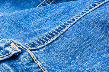 clothing items blue stonewashed faded jeans cotton fabric texture with seams, clasps, buttons and...