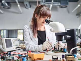 Female technician checking circuit board
