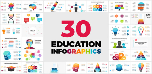 Fototapeta na wymiar 30 Educational Infographics. Presentation template. Includes creative elements such as light bulb for your idea, human head and brain to show thinking and learning processes etc.