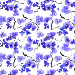 Watercolor and ink illustration of blossom tree with blue flowers and buds. Oriental traditional painting in style sumi-e, u-sin and gohua. Seamless pattern.