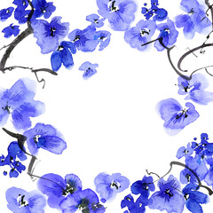 Fototapeta na wymiar Watercolor and ink illustration of blossom tree with blue flowers and buds. Oriental traditional painting in style sumi-e, u-sin and gohua.
