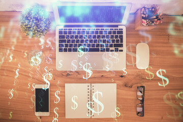 Multi exposure of financial chart drawing over table background with computer. Concept of research. Top view.
