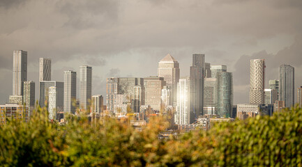 Canary Wharf Skyline with Sun Flare and Cloud Looking North