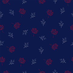 Oak and maple leaves on blue background, botanical illustration, seamless pattern, vector