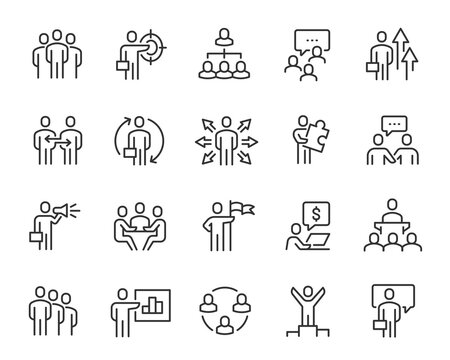 Business People Icons Set. Collection of simple linear web icons such Business People, Team, Winning, Leader, Growth, Deal, Dialogue, Collaboration and others Editable vector stroke.